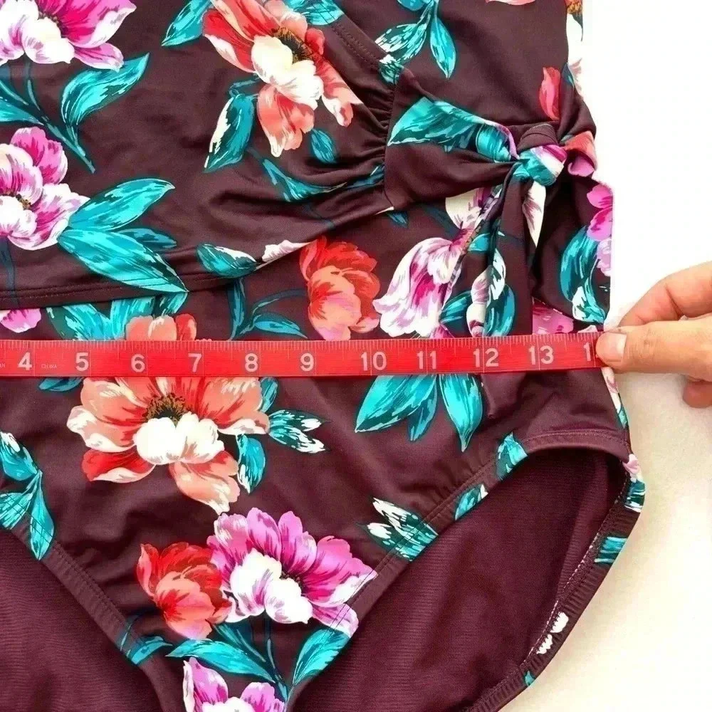 Embrace Your Curves Maroon Floral V-Neck Plunge Spaghetti Strap One Piece Size M